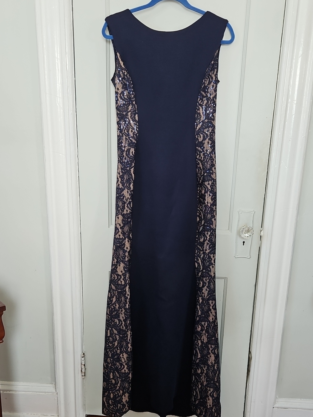 Navy Lace Panel Maxi Evening Gown-6